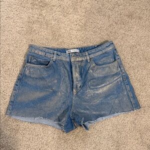 Zara High Waist Foil Denim Shorts